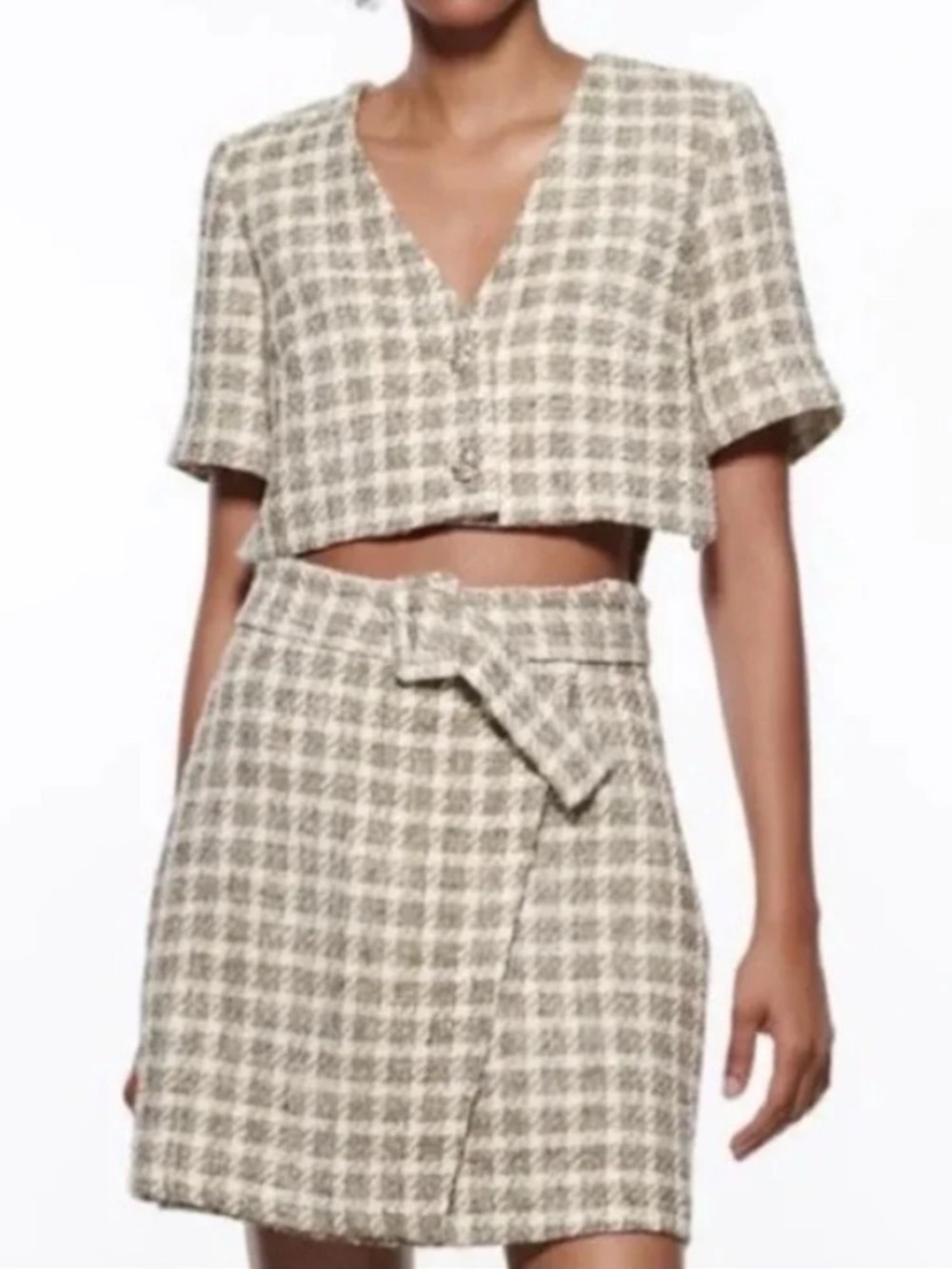 Zara grey white tweed cutout belted mini dress sz s preppy chic